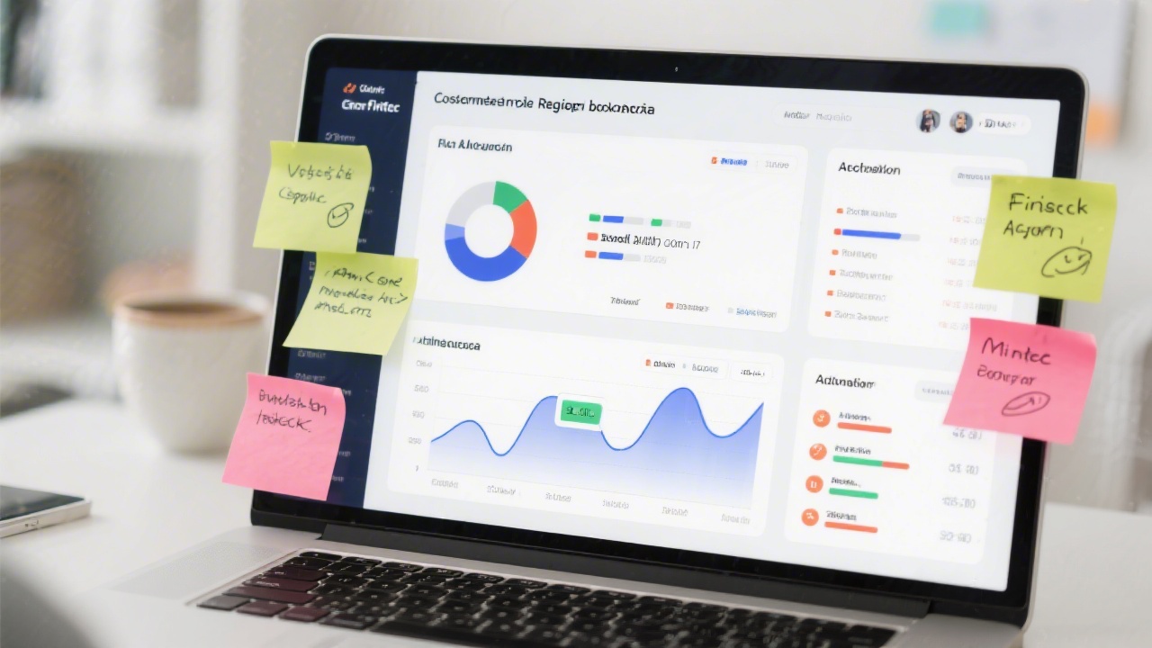 Modern analytics dashboard on laptop backed by sticky notes summarizing customer behavior metrics for Czech fintech redesign measuring activation and retention.