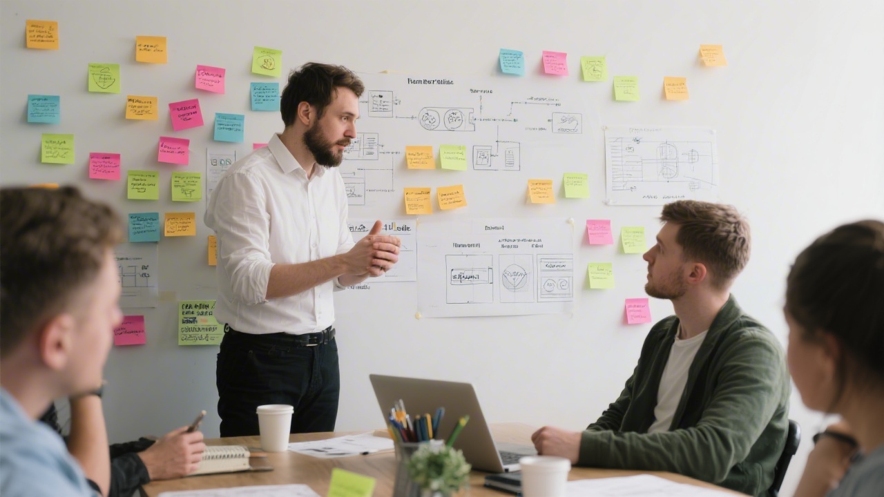 Czech design strategist facilitating collaborative workshop with product manager and developer reviewing customer insights on wall covered in sticky notes and service blueprints.