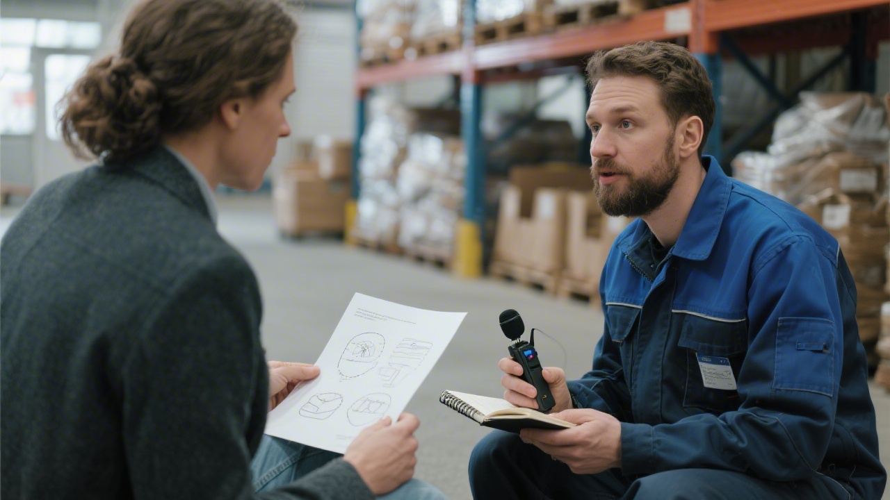 UX researcher conducting field interview with Czech logistics employee while reviewing paper prototype and capturing insights with audio recorder and notebook.