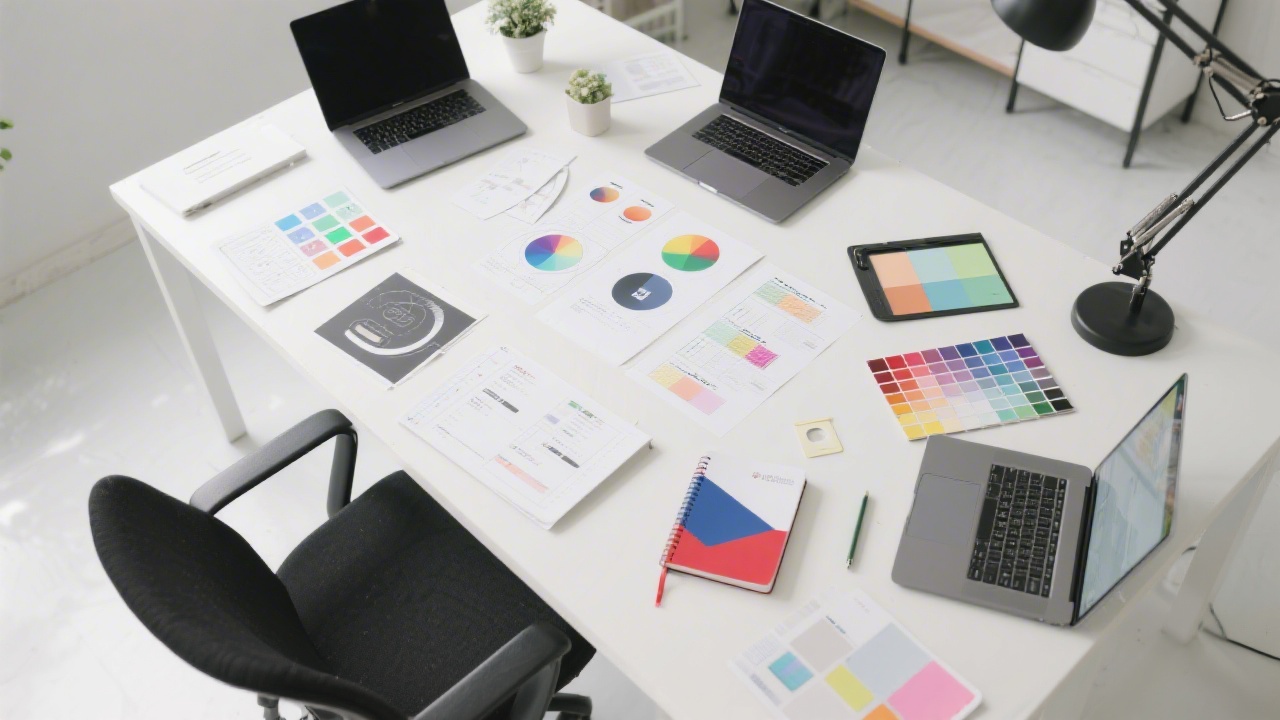 Top view of designer desk with laptops, tactile prototypes, color palettes and Czech notebook representing collaborative interface planning session in bright modern studio environment focused on usability outcomes.