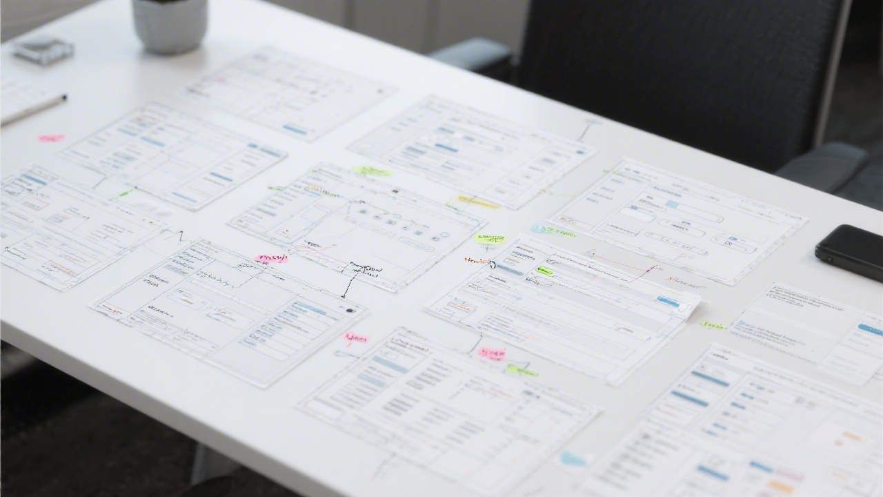 Collection of detailed interface wireframes arranged on white desk with annotations, highlighting layout decisions and component behaviour for enterprise web application.
