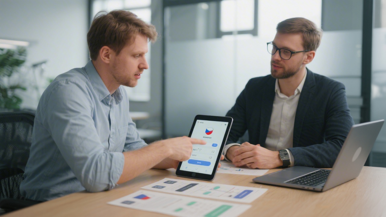 Designer presenting refined mobile app mockups on tablet and laptop, discussing interaction flows with Czech product owner in modern office.