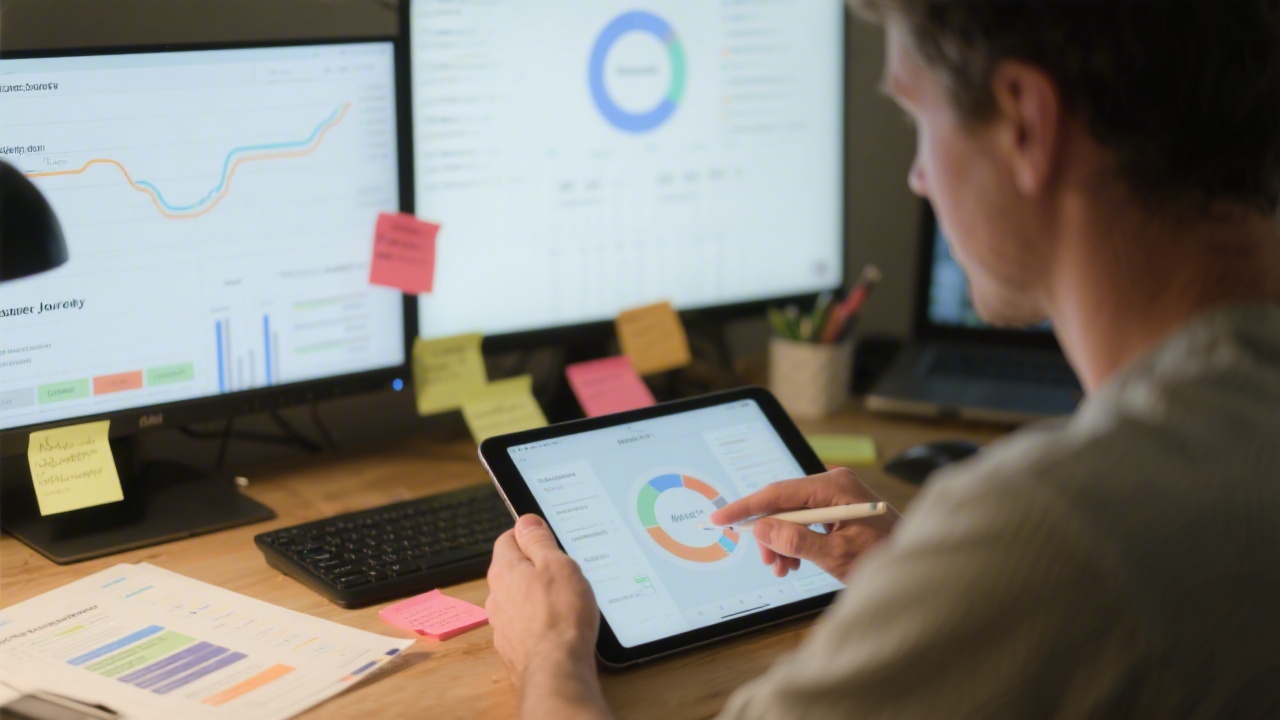 Close shot of designer iterating on clickable prototype using digital tablet and sticky notes while referencing customer journey data on secondary monitor in Prague studio.