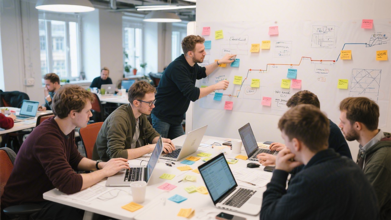 Group of Czech designers mapping customer journeys with sticky notes, laptops and service blueprints during focused discovery workshop at modern Prague coworking space.