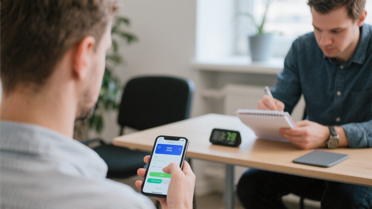 Participant using mobile banking prototype during moderated usability testing session observed by Czech UX researcher taking structured notes and timing each task.